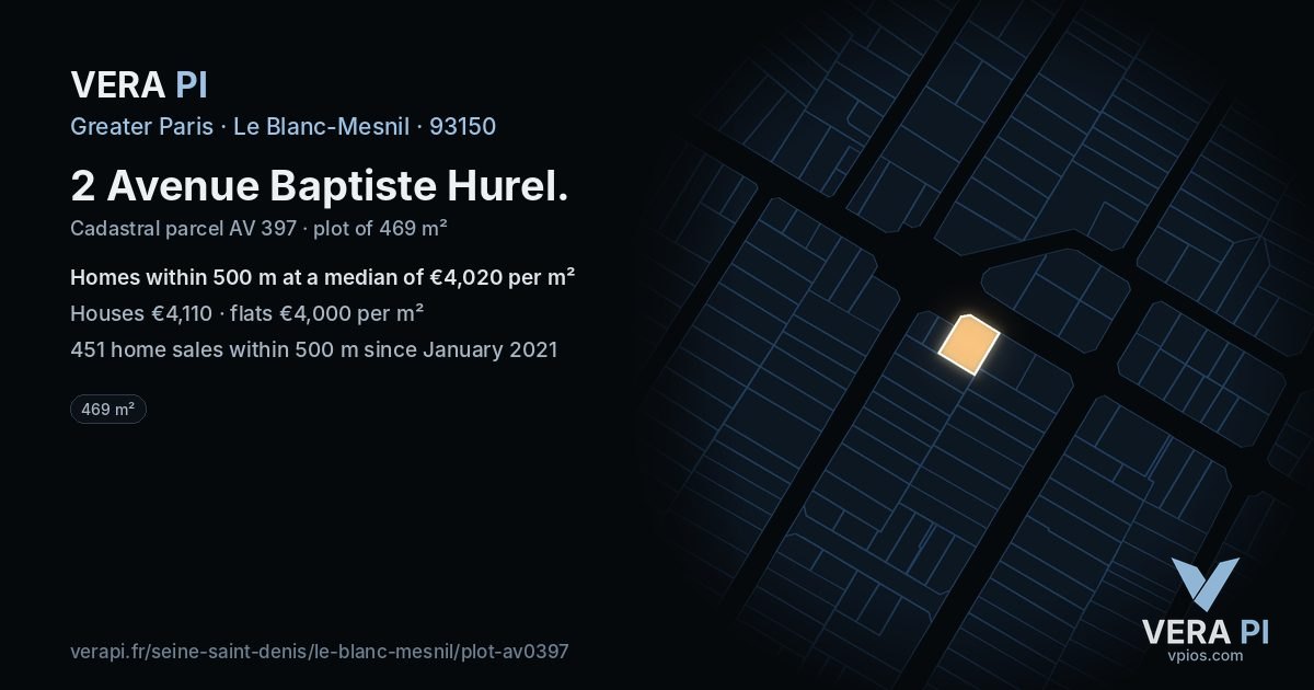 2 Avenue Baptiste Hurel, Le Blanc-Mesnil at night – the plot lit, the parcels around coloured by the prices near them