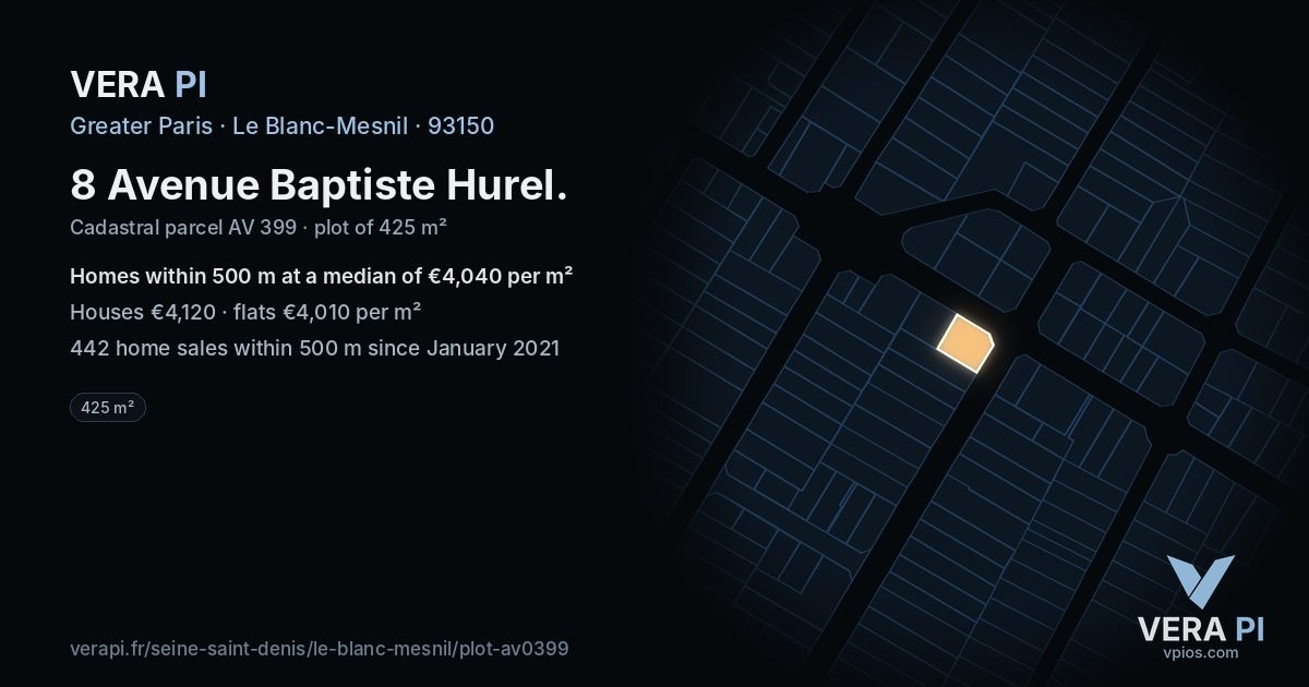 8 Avenue Baptiste Hurel, Le Blanc-Mesnil at night – the plot lit, the parcels around coloured by the prices near them