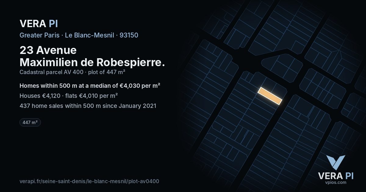 23 Avenue Maximilien de Robespierre, Le Blanc-Mesnil at night – the plot lit, the parcels around coloured by the prices near them