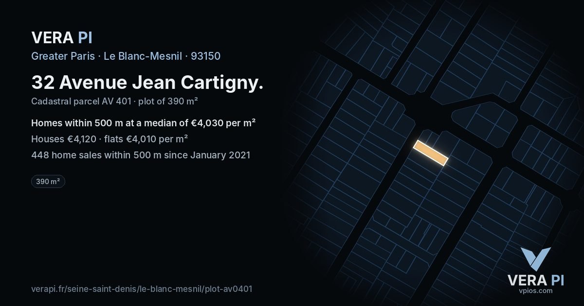32 Avenue Jean Cartigny, Le Blanc-Mesnil at night – the plot lit, the parcels around coloured by the prices near them