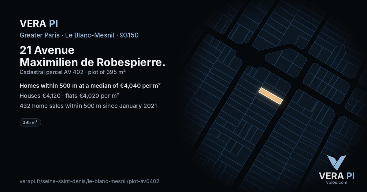 21 Avenue Maximilien de Robespierre, Le Blanc-Mesnil at night – the plot lit, the parcels around coloured by the prices near them