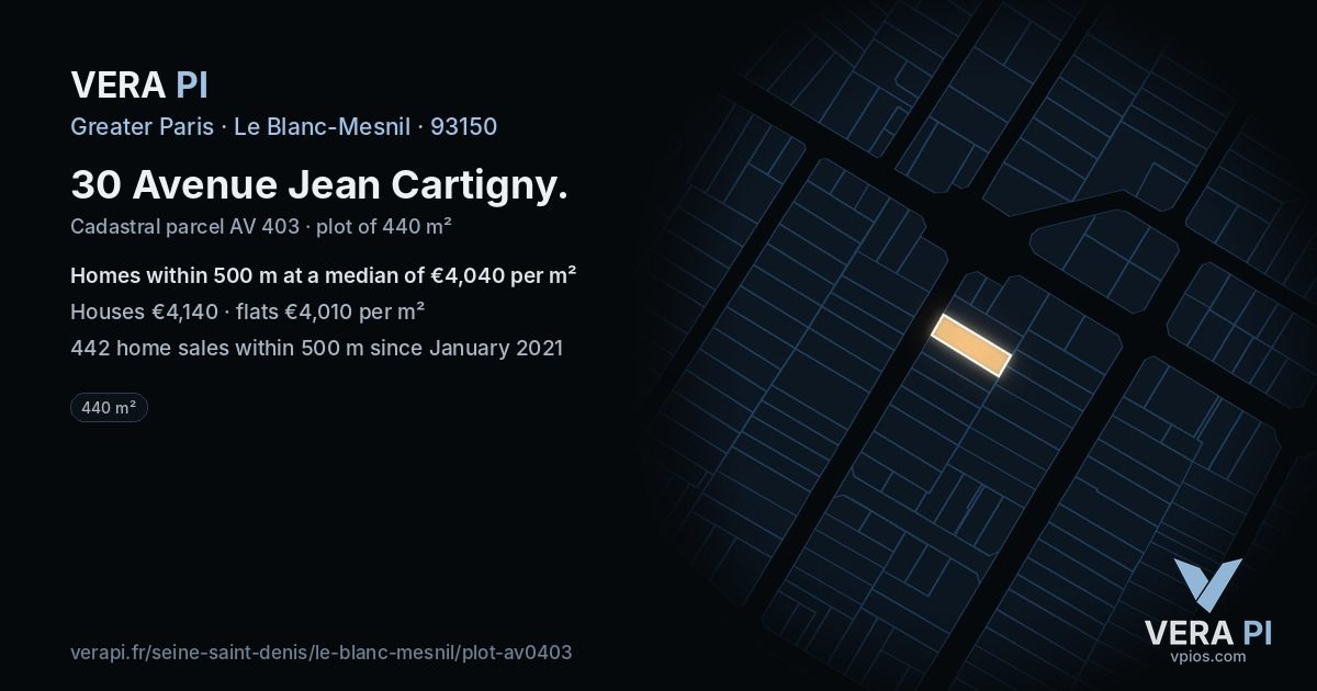30 Avenue Jean Cartigny, Le Blanc-Mesnil at night – the plot lit, the parcels around coloured by the prices near them