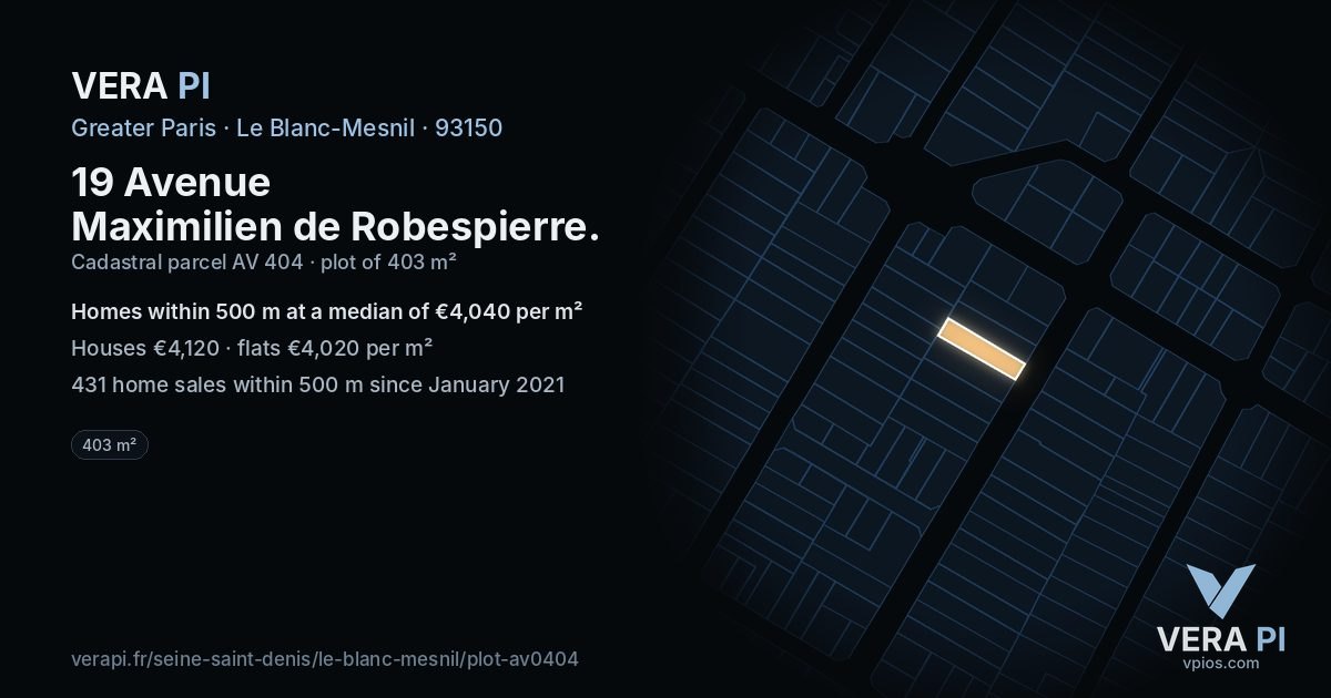19 Avenue Maximilien de Robespierre, Le Blanc-Mesnil at night – the plot lit, the parcels around coloured by the prices near them