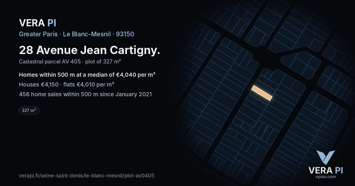 28 Avenue Jean Cartigny, Le Blanc-Mesnil at night – the plot lit, the parcels around coloured by the prices near them