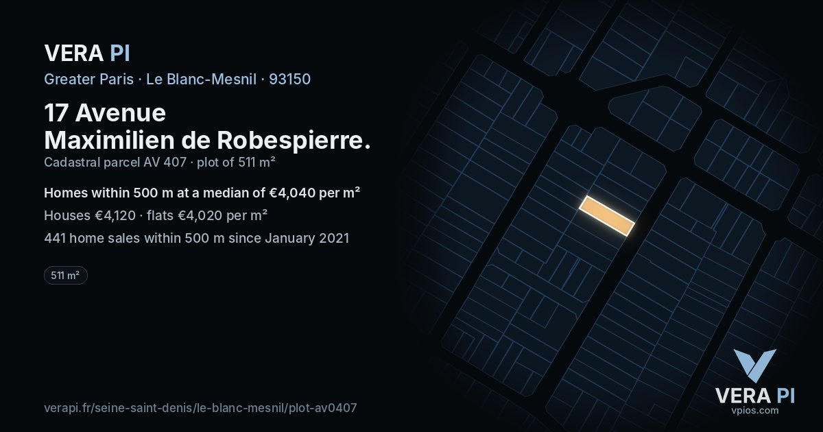 17 Avenue Maximilien de Robespierre, Le Blanc-Mesnil at night – the plot lit, the parcels around coloured by the prices near them