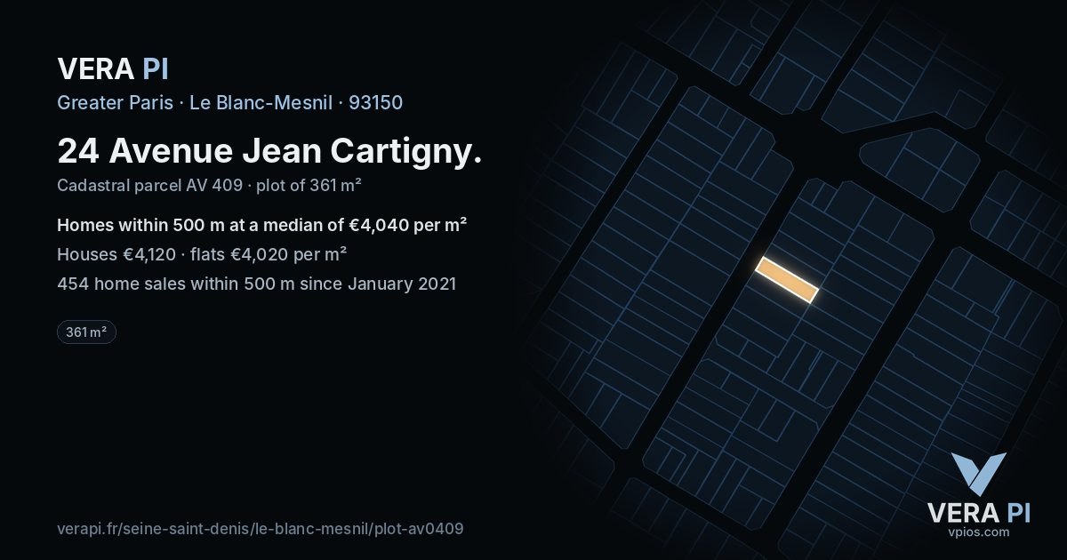 24 Avenue Jean Cartigny, Le Blanc-Mesnil at night – the plot lit, the parcels around coloured by the prices near them