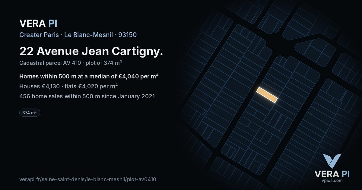22 Avenue Jean Cartigny, Le Blanc-Mesnil at night – the plot lit, the parcels around coloured by the prices near them