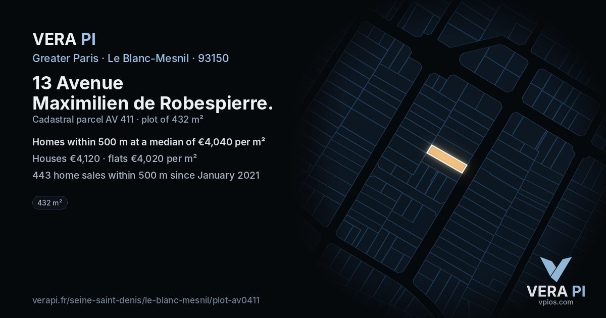 13 Avenue Maximilien de Robespierre, Le Blanc-Mesnil at night – the plot lit, the parcels around coloured by the prices near them