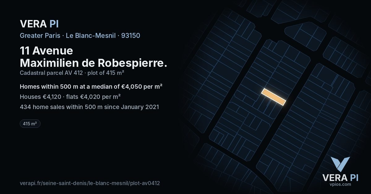 11 Avenue Maximilien de Robespierre, Le Blanc-Mesnil at night – the plot lit, the parcels around coloured by the prices near them