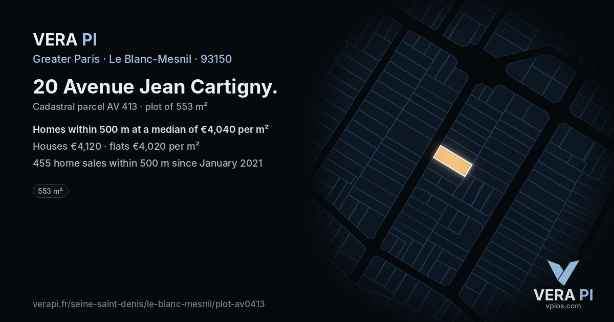 20 Avenue Jean Cartigny, Le Blanc-Mesnil at night – the plot lit, the parcels around coloured by the prices near them