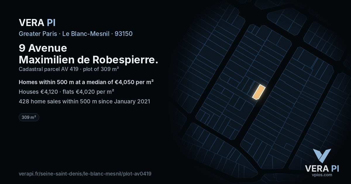 9 Avenue Maximilien de Robespierre, Le Blanc-Mesnil at night – the plot lit, the parcels around coloured by the prices near them
