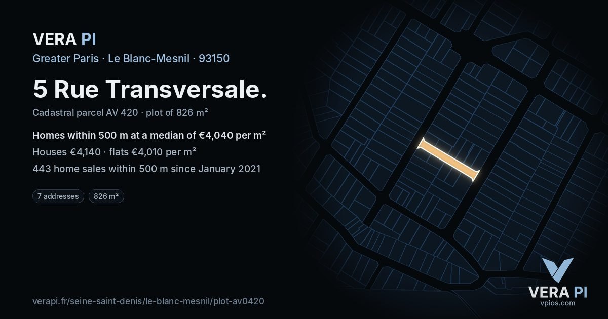 5 Rue Transversale, Le Blanc-Mesnil at night – the plot lit, the parcels around coloured by the prices near them