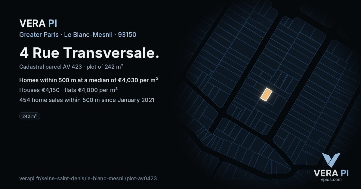 4 Rue Transversale, Le Blanc-Mesnil at night – the plot lit, the parcels around coloured by the prices near them
