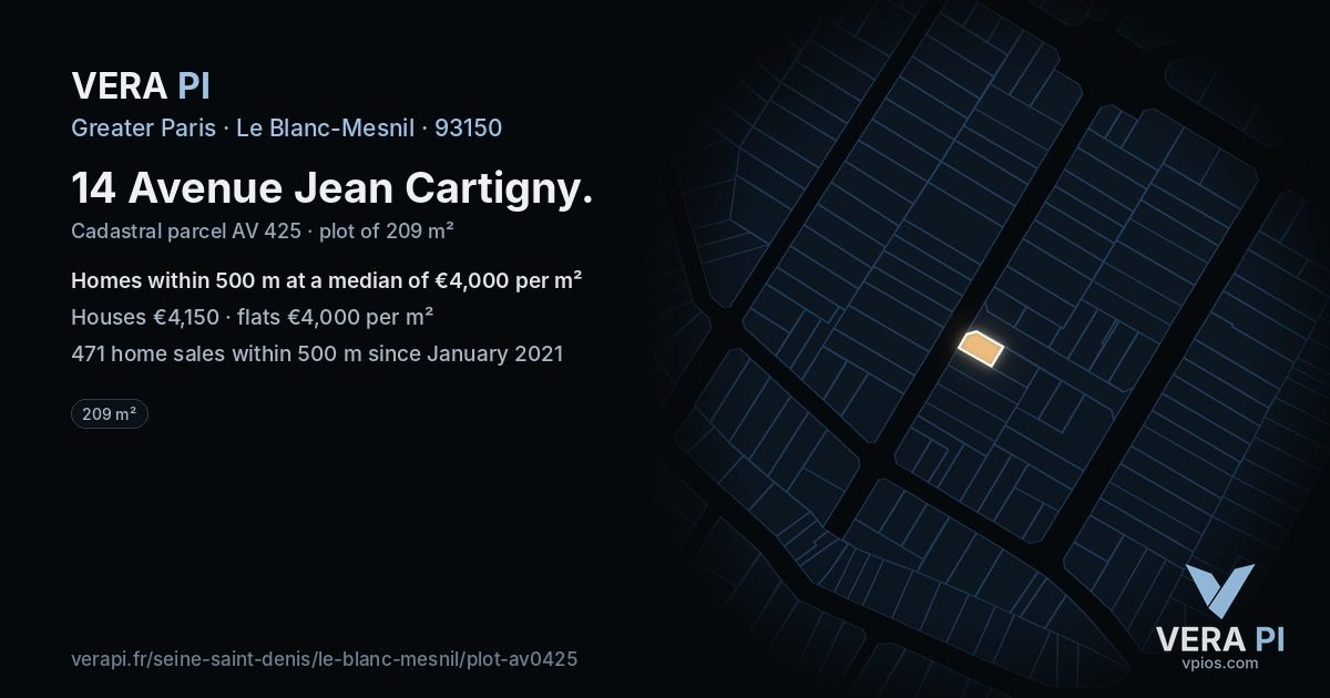 14 Avenue Jean Cartigny, Le Blanc-Mesnil at night – the plot lit, the parcels around coloured by the prices near them