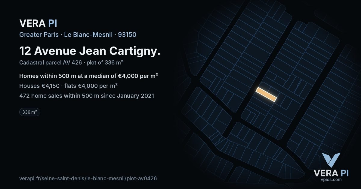 12 Avenue Jean Cartigny, Le Blanc-Mesnil at night – the plot lit, the parcels around coloured by the prices near them