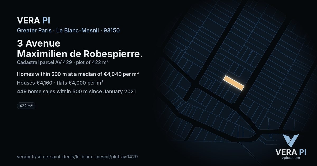 3 Avenue Maximilien de Robespierre, Le Blanc-Mesnil at night – the plot lit, the parcels around coloured by the prices near them