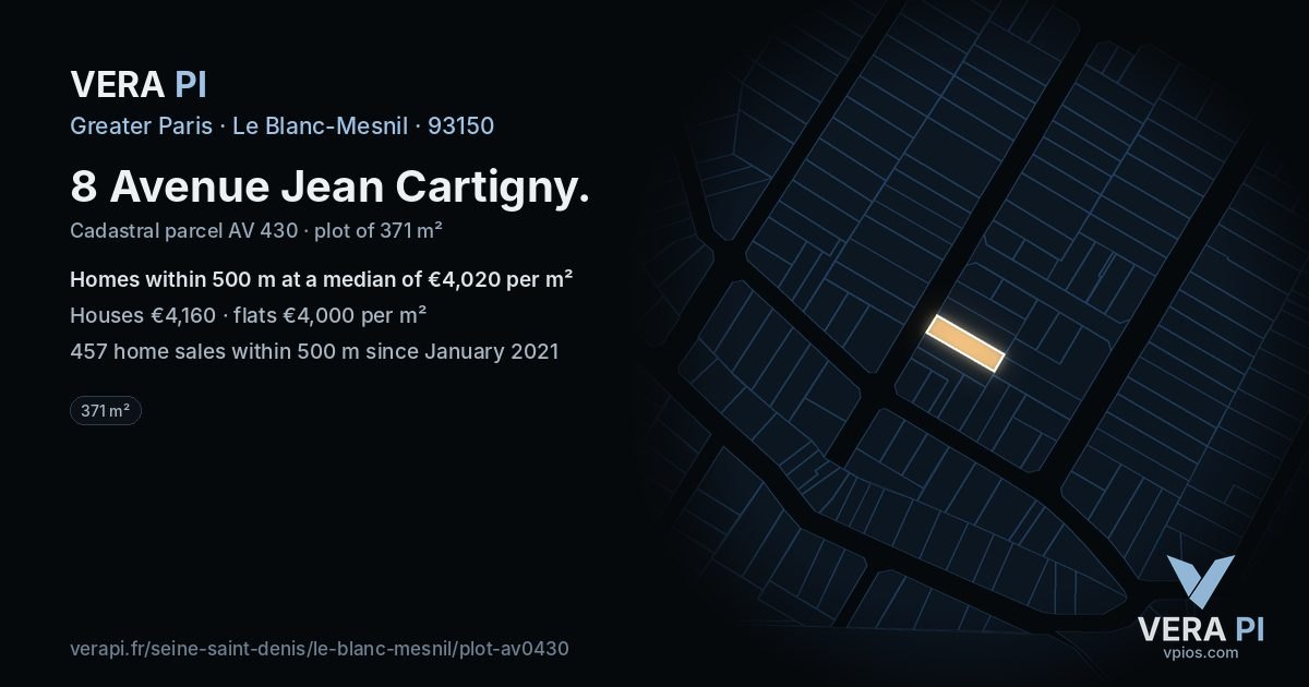 8 Avenue Jean Cartigny, Le Blanc-Mesnil at night – the plot lit, the parcels around coloured by the prices near them