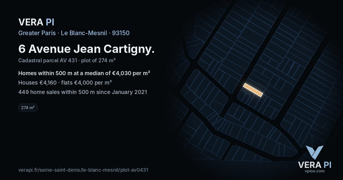 6 Avenue Jean Cartigny, Le Blanc-Mesnil at night – the plot lit, the parcels around coloured by the prices near them
