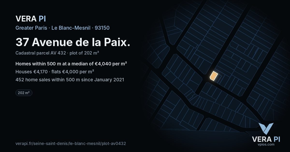 37 Avenue de la Paix, Le Blanc-Mesnil at night – the plot lit, the parcels around coloured by the prices near them