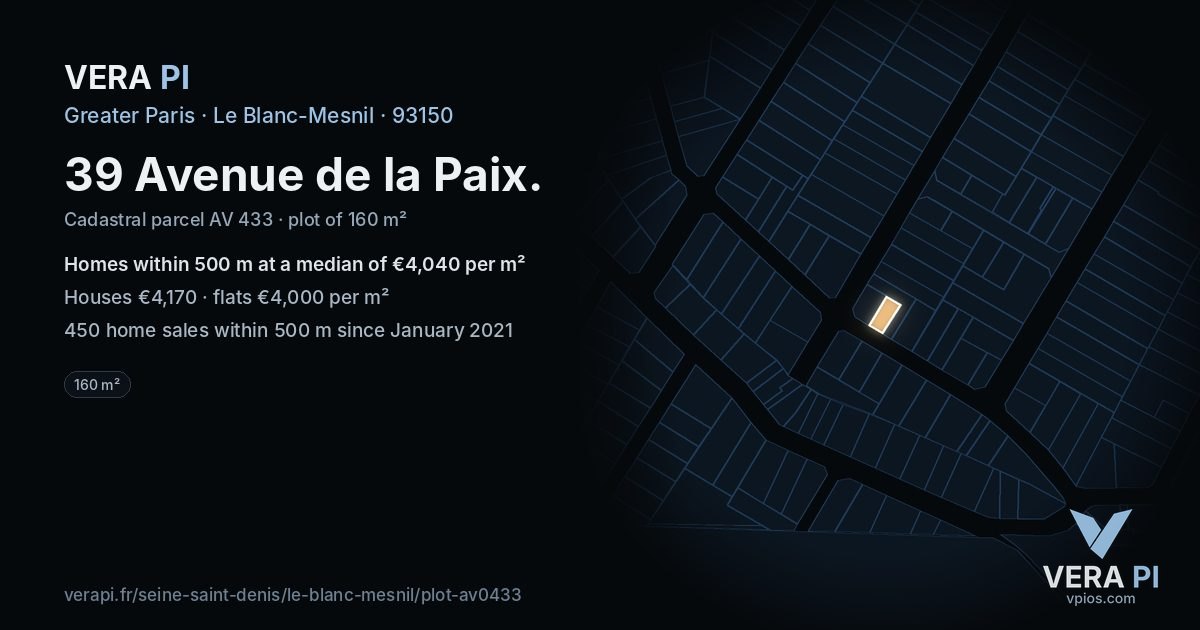 39 Avenue de la Paix, Le Blanc-Mesnil at night – the plot lit, the parcels around coloured by the prices near them