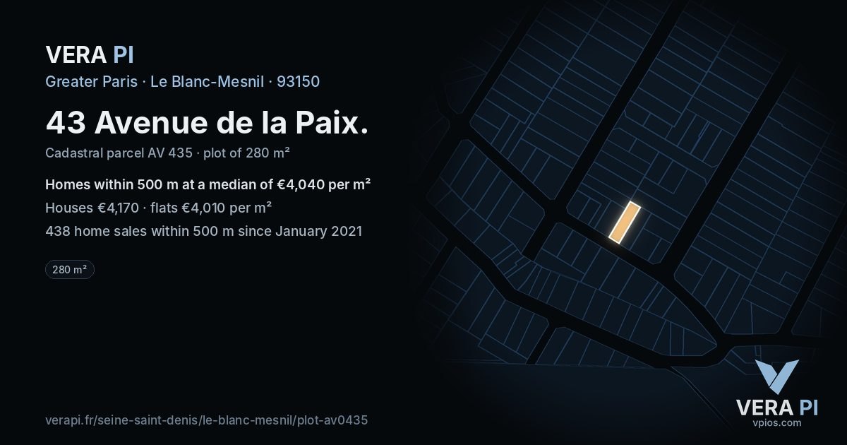 43 Avenue de la Paix, Le Blanc-Mesnil at night – the plot lit, the parcels around coloured by the prices near them