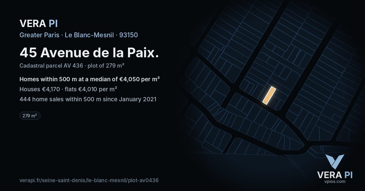 45 Avenue de la Paix, Le Blanc-Mesnil at night – the plot lit, the parcels around coloured by the prices near them