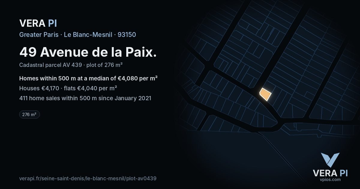 49 Avenue de la Paix, Le Blanc-Mesnil at night – the plot lit, the parcels around coloured by the prices near them