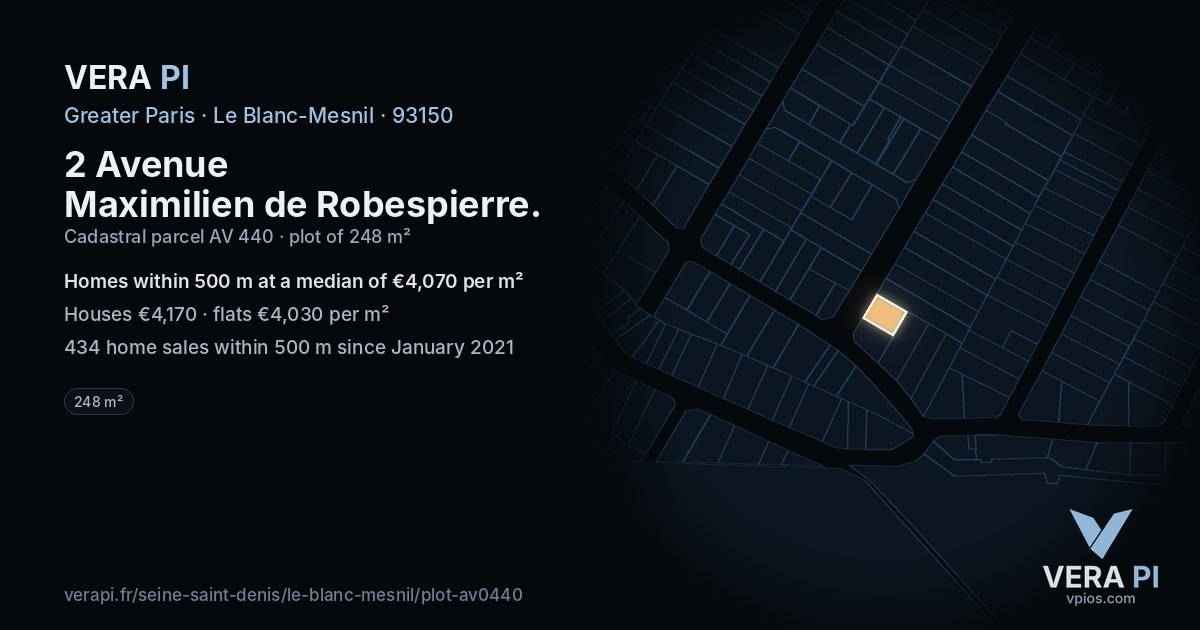 2 Avenue Maximilien de Robespierre, Le Blanc-Mesnil at night – the plot lit, the parcels around coloured by the prices near them