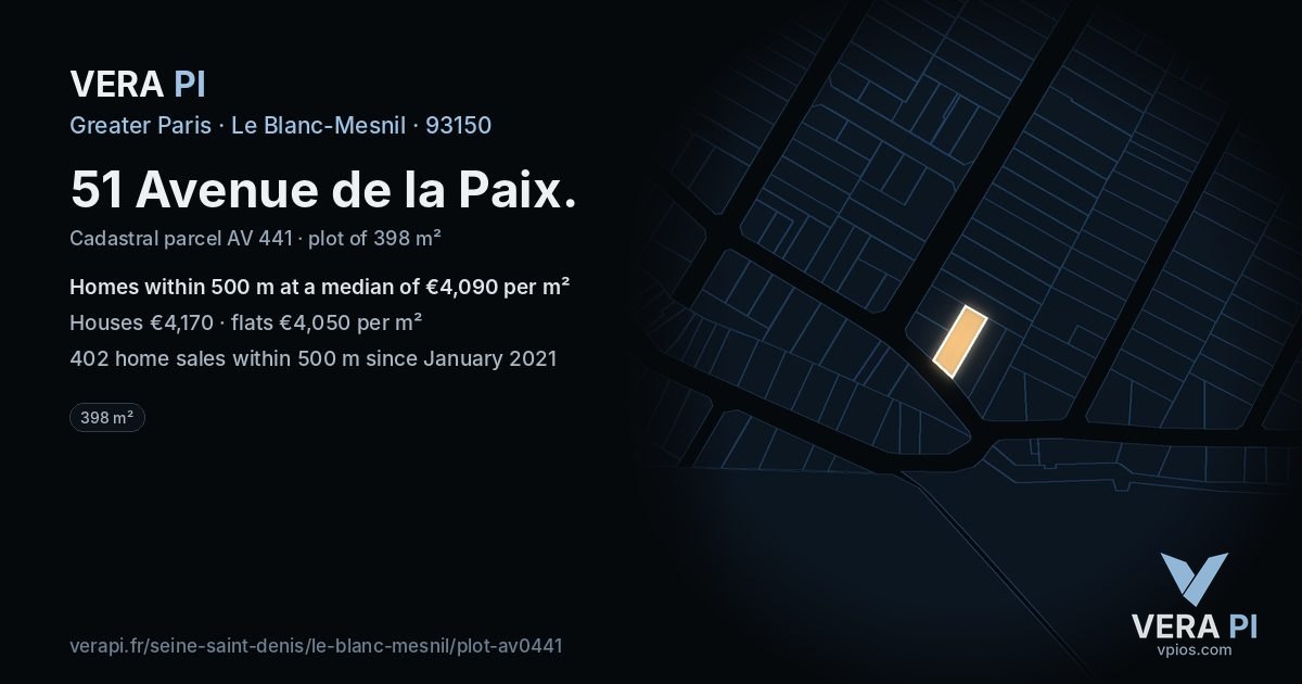 51 Avenue de la Paix, Le Blanc-Mesnil at night – the plot lit, the parcels around coloured by the prices near them