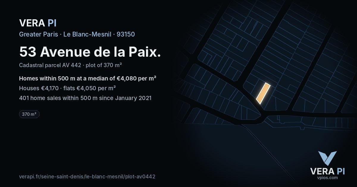 53 Avenue de la Paix, Le Blanc-Mesnil at night – the plot lit, the parcels around coloured by the prices near them