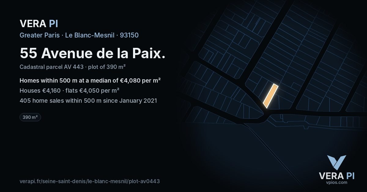 55 Avenue de la Paix, Le Blanc-Mesnil at night – the plot lit, the parcels around coloured by the prices near them