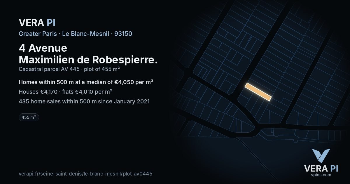 4 Avenue Maximilien de Robespierre, Le Blanc-Mesnil at night – the plot lit, the parcels around coloured by the prices near them