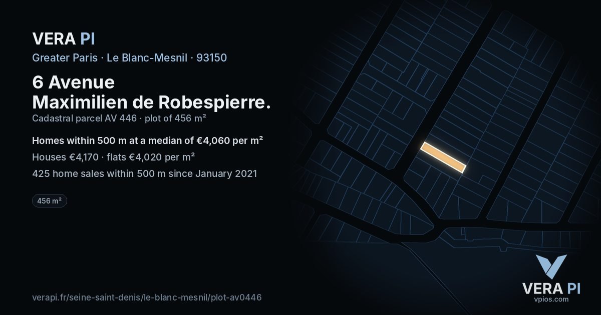 6 Avenue Maximilien de Robespierre, Le Blanc-Mesnil at night – the plot lit, the parcels around coloured by the prices near them