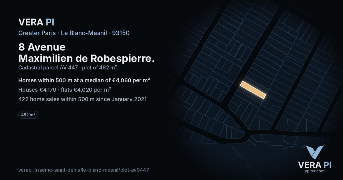 8 Avenue Maximilien de Robespierre, Le Blanc-Mesnil at night – the plot lit, the parcels around coloured by the prices near them