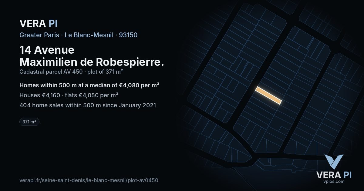 14 Avenue Maximilien de Robespierre, Le Blanc-Mesnil at night – the plot lit, the parcels around coloured by the prices near them