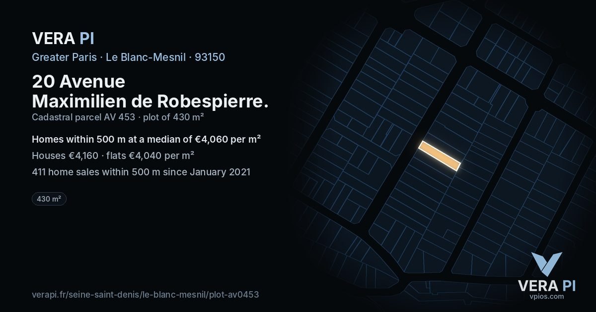 20 Avenue Maximilien de Robespierre, Le Blanc-Mesnil at night – the plot lit, the parcels around coloured by the prices near them