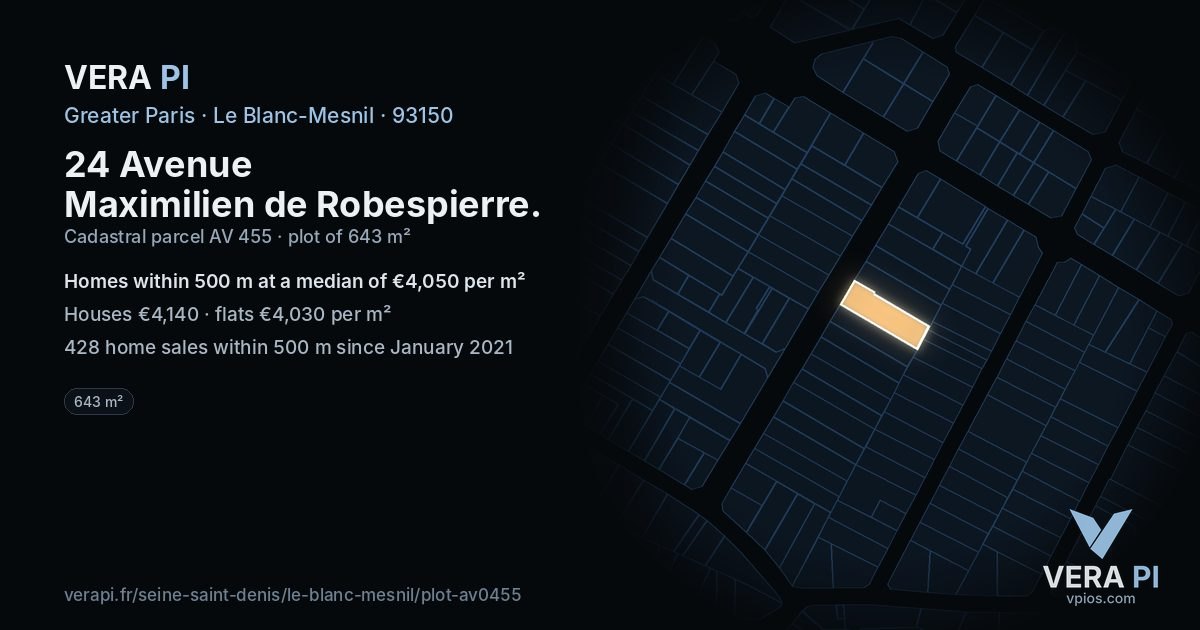 24 Avenue Maximilien de Robespierre, Le Blanc-Mesnil at night – the plot lit, the parcels around coloured by the prices near them