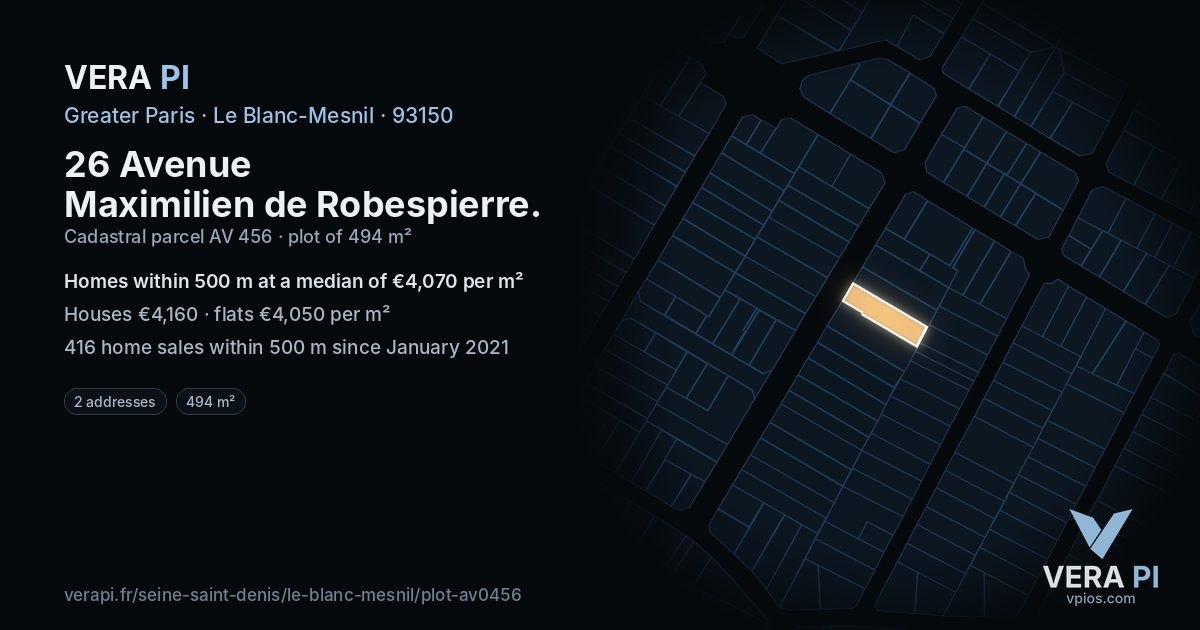 26 Avenue Maximilien de Robespierre, Le Blanc-Mesnil at night – the plot lit, the parcels around coloured by the prices near them