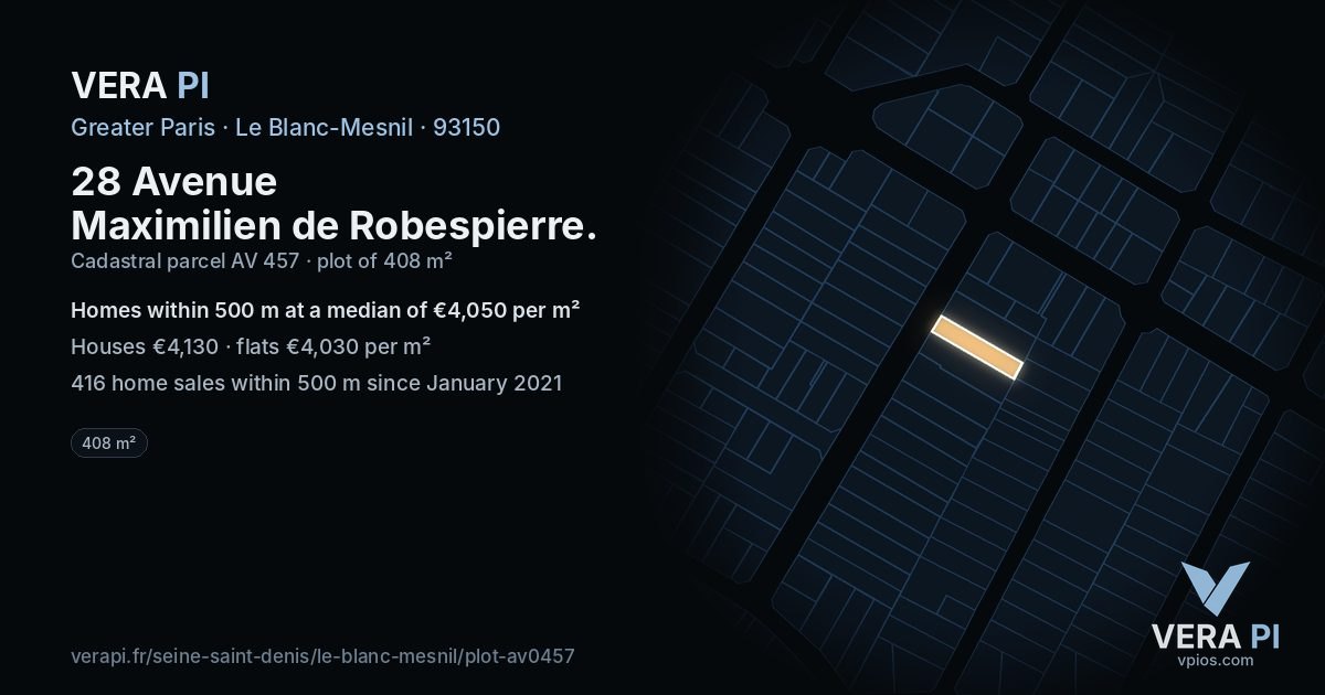 28 Avenue Maximilien de Robespierre, Le Blanc-Mesnil at night – the plot lit, the parcels around coloured by the prices near them