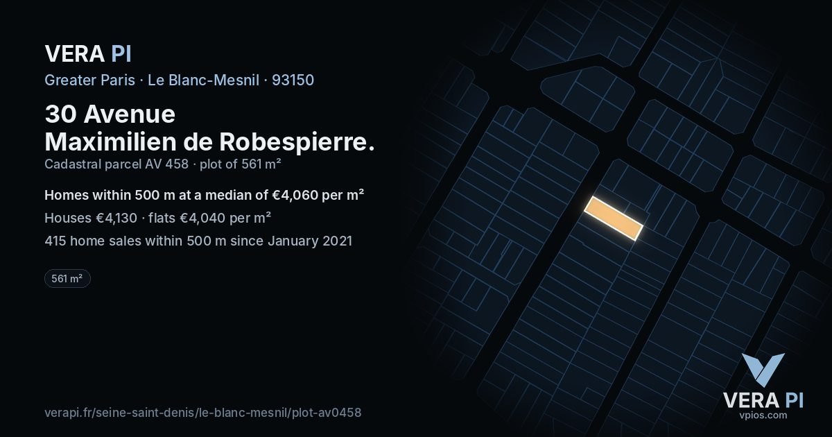 30 Avenue Maximilien de Robespierre, Le Blanc-Mesnil at night – the plot lit, the parcels around coloured by the prices near them