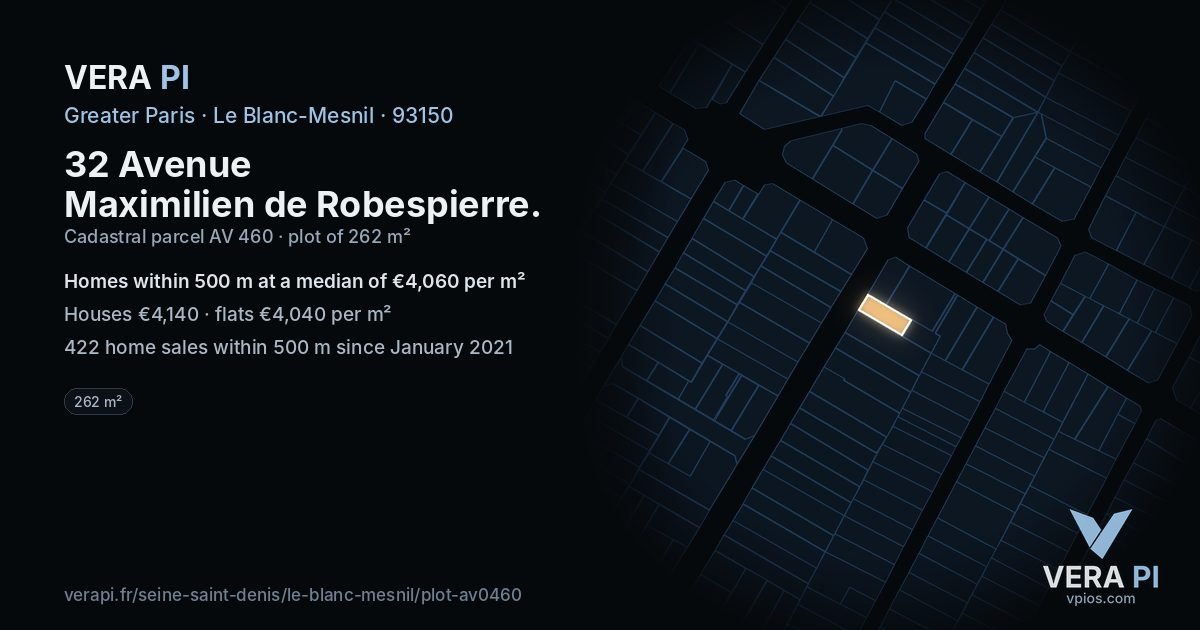 32 Avenue Maximilien de Robespierre, Le Blanc-Mesnil at night – the plot lit, the parcels around coloured by the prices near them