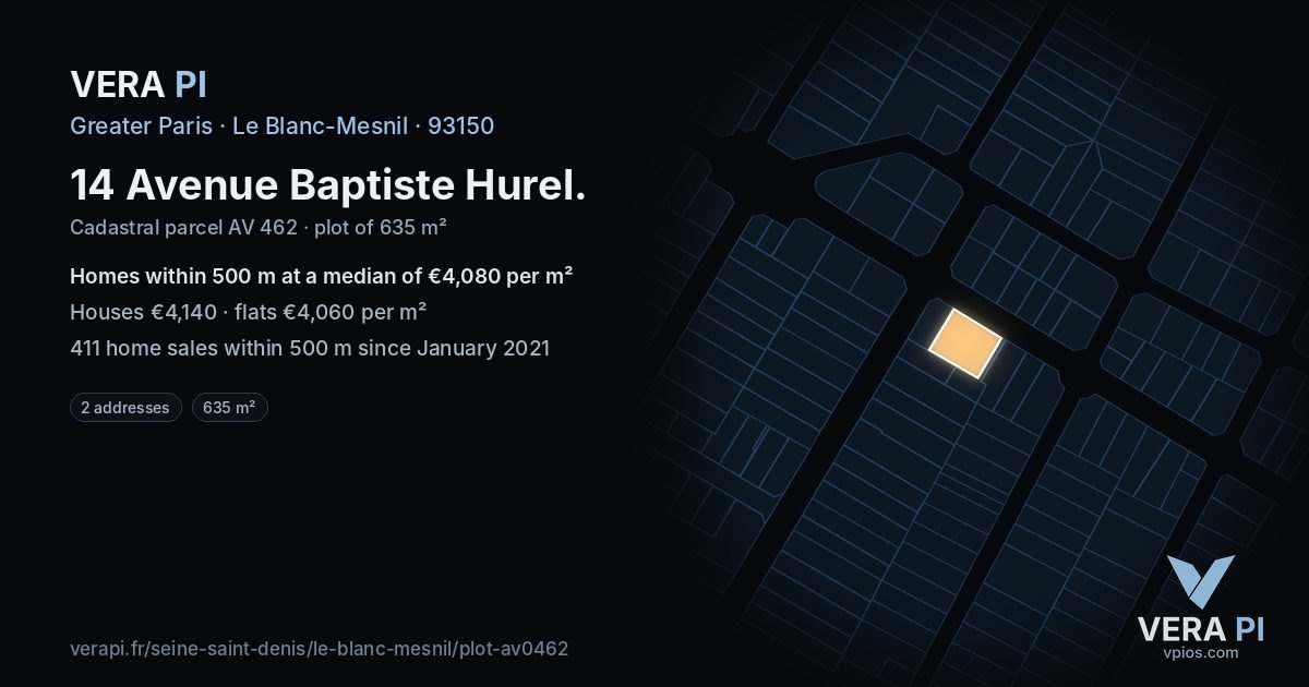 14 Avenue Baptiste Hurel, Le Blanc-Mesnil at night – the plot lit, the parcels around coloured by the prices near them