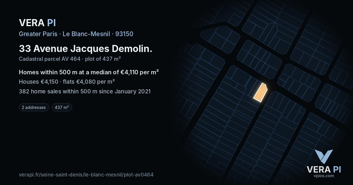 33 Avenue Jacques Demolin, Le Blanc-Mesnil at night – the plot lit, the parcels around coloured by the prices near them