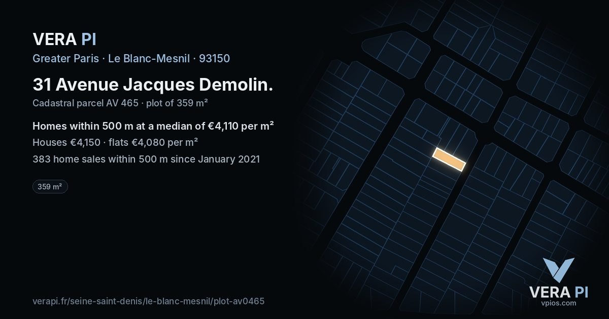 31 Avenue Jacques Demolin, Le Blanc-Mesnil at night – the plot lit, the parcels around coloured by the prices near them