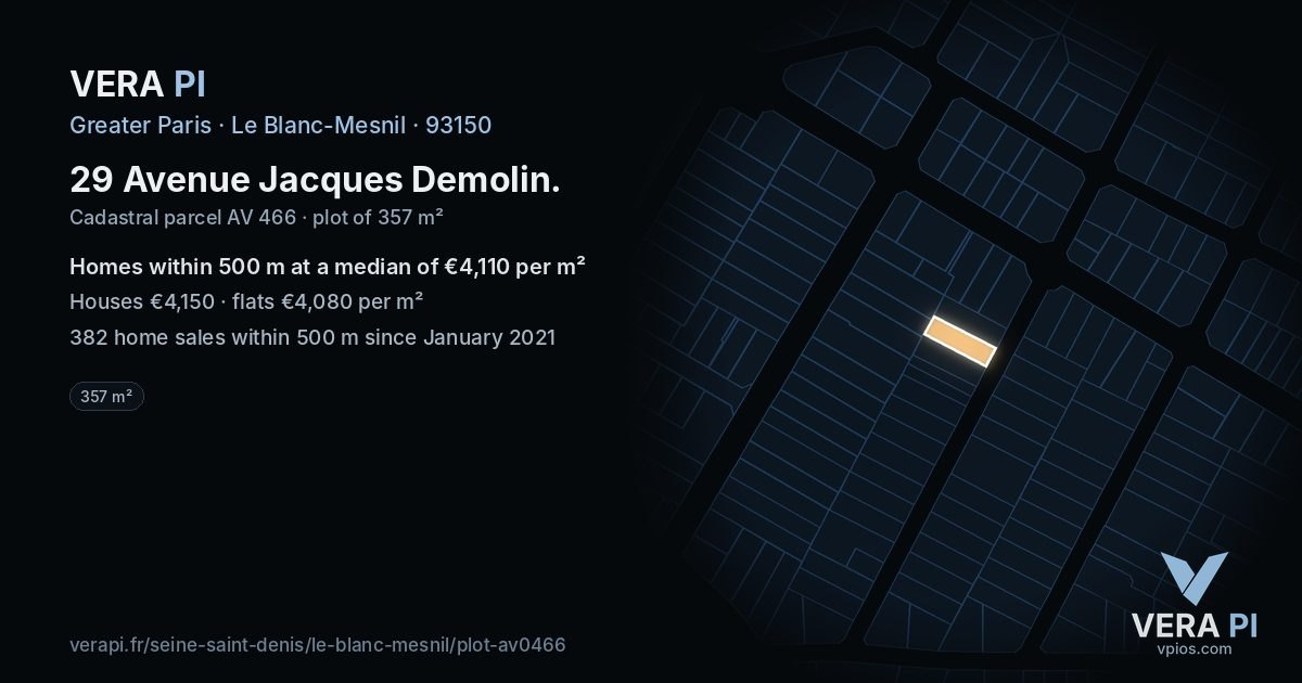 29 Avenue Jacques Demolin, Le Blanc-Mesnil at night – the plot lit, the parcels around coloured by the prices near them