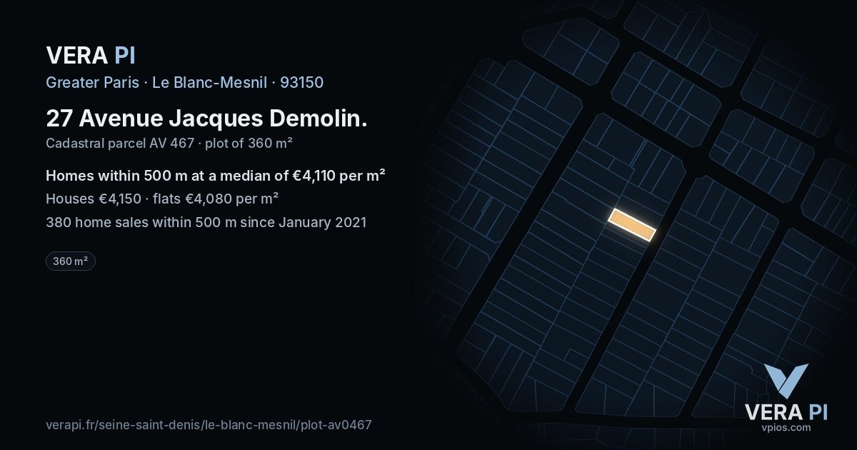 27 Avenue Jacques Demolin, Le Blanc-Mesnil at night – the plot lit, the parcels around coloured by the prices near them