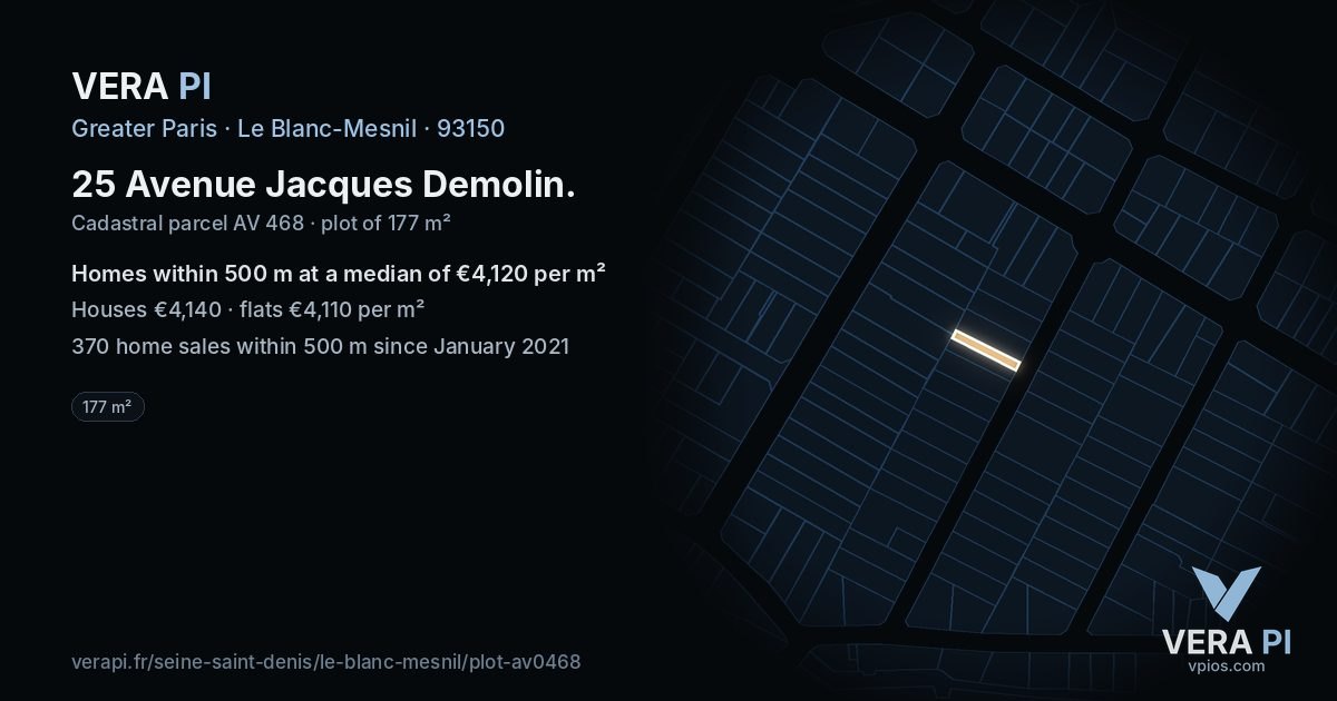 25 Avenue Jacques Demolin, Le Blanc-Mesnil at night – the plot lit, the parcels around coloured by the prices near them
