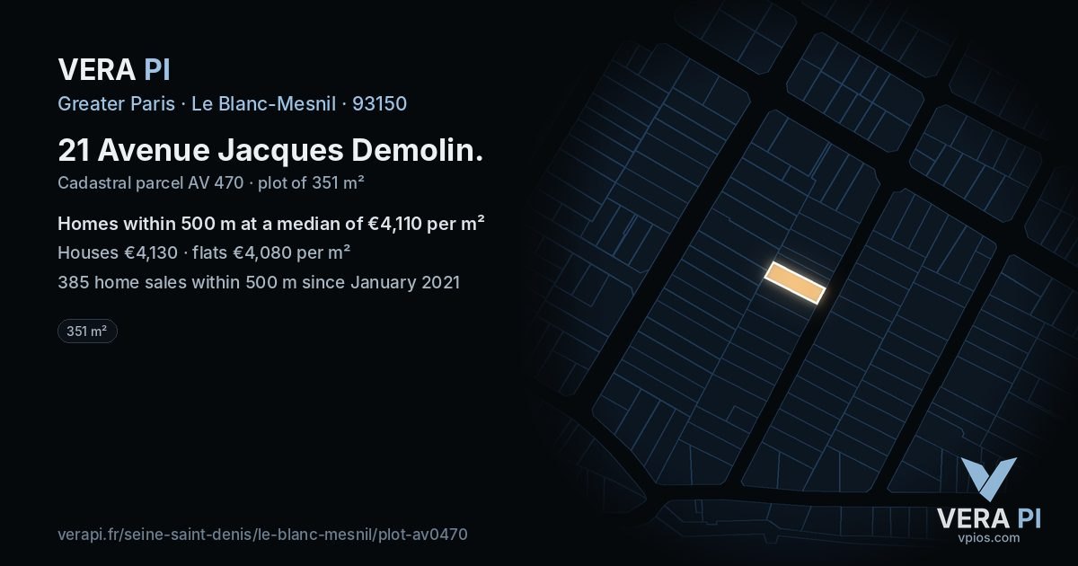 21 Avenue Jacques Demolin, Le Blanc-Mesnil at night – the plot lit, the parcels around coloured by the prices near them