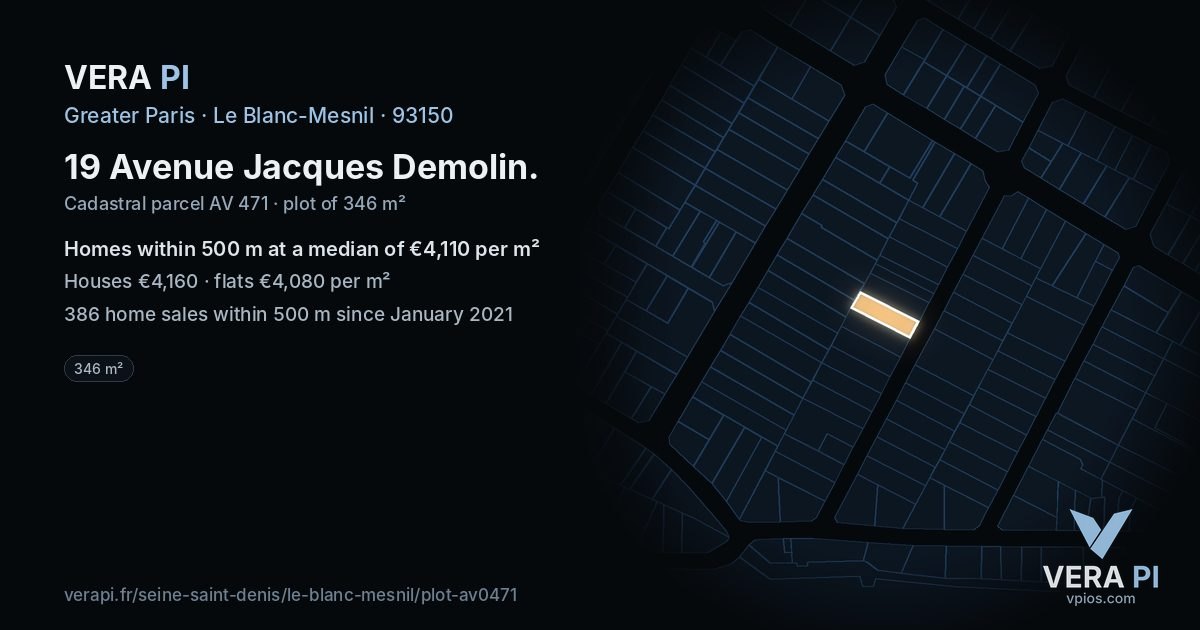 19 Avenue Jacques Demolin, Le Blanc-Mesnil at night – the plot lit, the parcels around coloured by the prices near them
