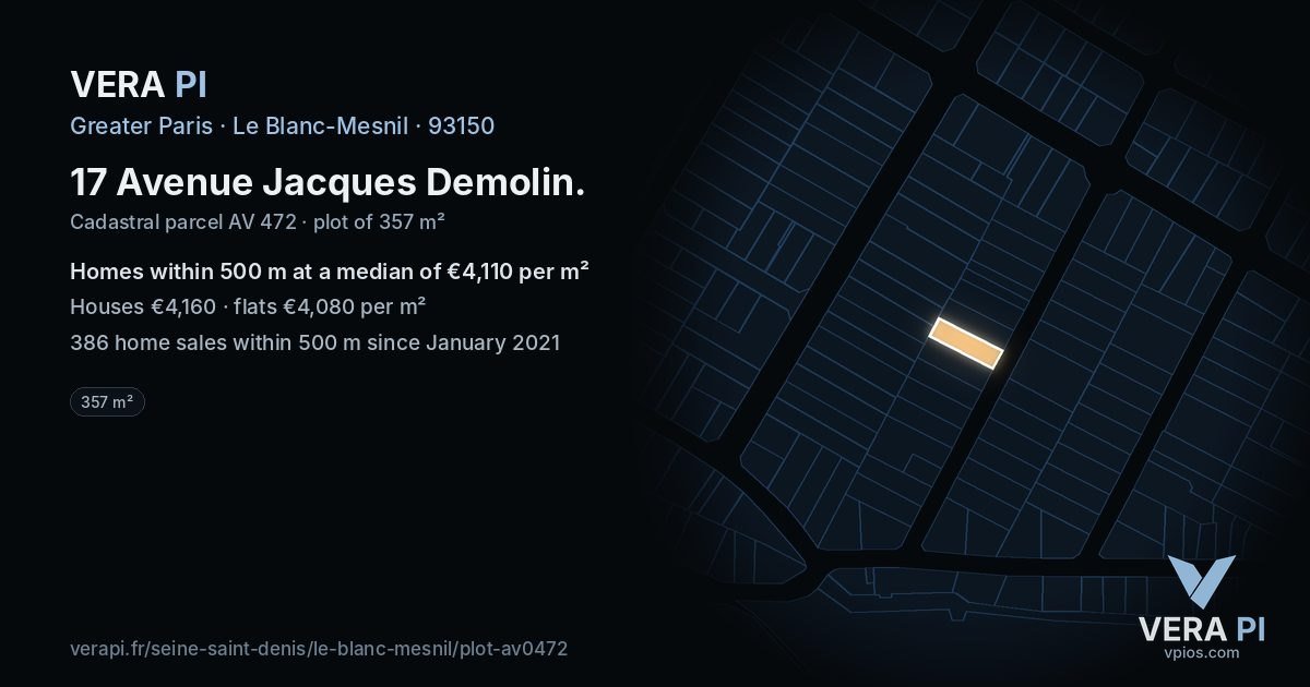 17 Avenue Jacques Demolin, Le Blanc-Mesnil at night – the plot lit, the parcels around coloured by the prices near them